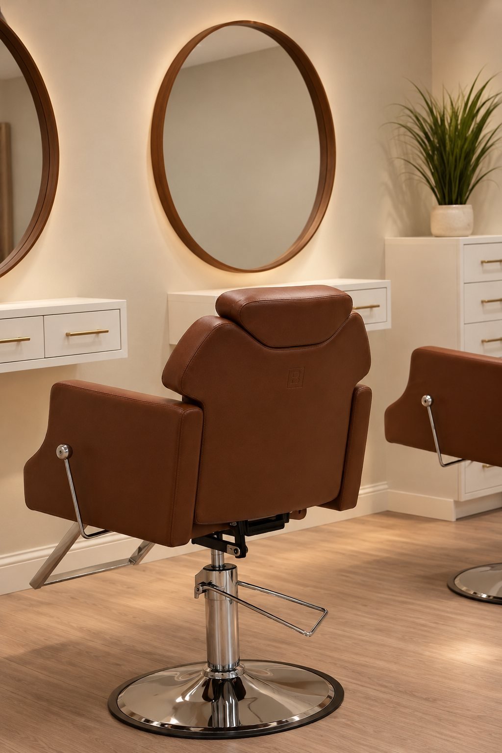 Styling chair and round mirrors inside the KOR Beauty & Care salon